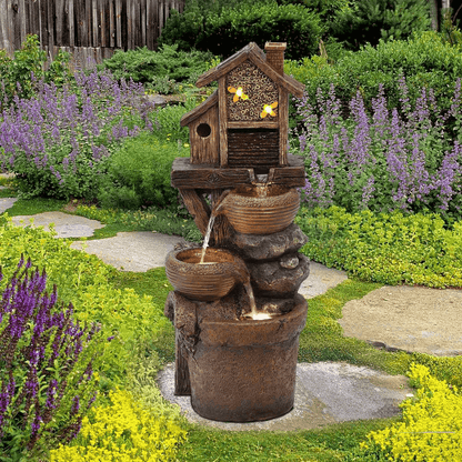 29 inch Rustic Resin Bowls & Birdhouse Fountain