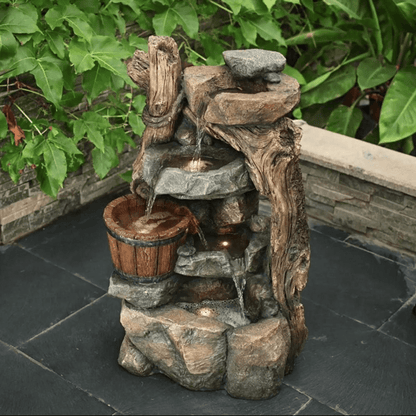 5-Tier Driftwood and Barrel Outdoor Water Fountain
