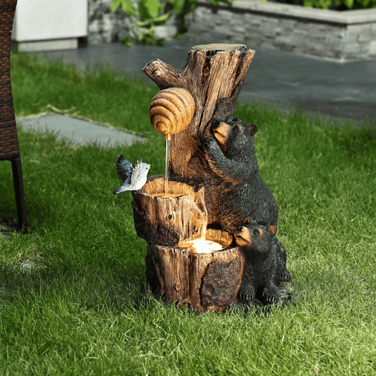 Charming Bear & Honey Beehive Outdoor Fountain