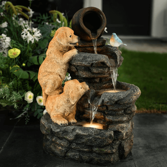 Charming Puppy Rock Tower Farmhouse Outdoor Water Fountain
