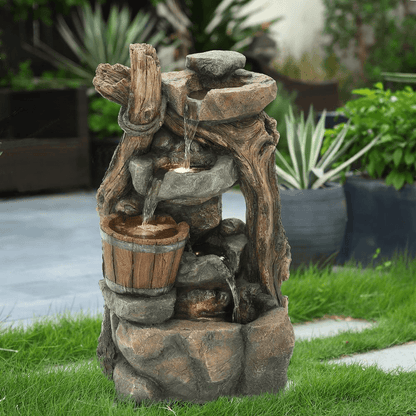 5-Tier Driftwood and Barrel Outdoor Water Fountain