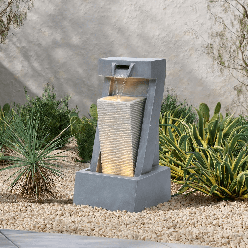 Gray Resin 2-Column Outdoor Water Fountain with LED Lights