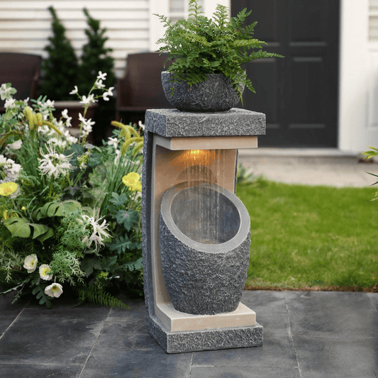 Elegant Gray Resin Column & Bowl Outdoor Fountain