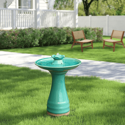 22 Inch Aqua-Glazed Ceramic Birdbath Water Fountain