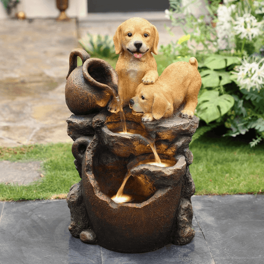 Farmhouse Puppy Fountain – Lighted Resin Outdoor