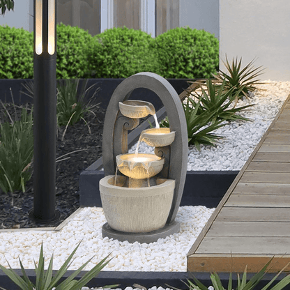 Luxury Gray Oval Cascading Bowl Fountain with LED Lights