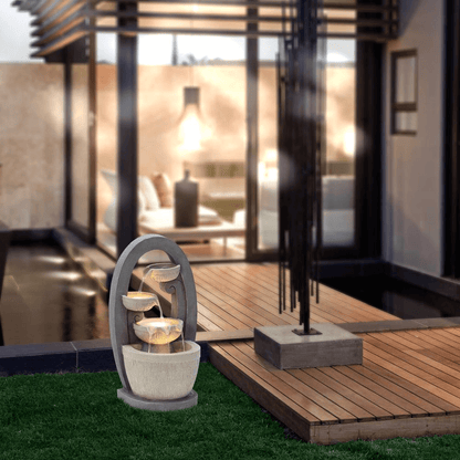 Luxury Gray Oval Cascading Bowl Fountain with LED Lights