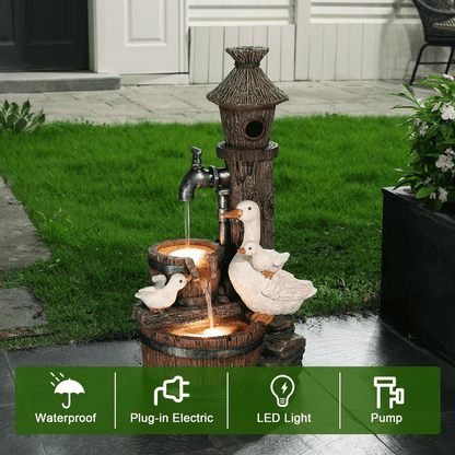 27 Inch Farmhouse Ducks & Birdhouse Outdoor Water Fountain