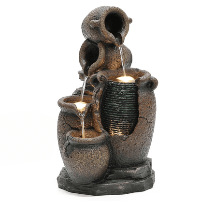 Rustic Brown Resin Outdoor Fountain with LED Lights