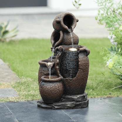 Rustic Brown Resin Outdoor Fountain with LED Lights