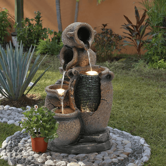 Rustic Brown Resin Outdoor Fountain with LED Lights