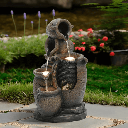 Rustic Brown Resin Outdoor Fountain with LED Lights