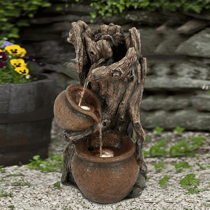 Rustic Brown Resin Tree Trunk & Pots Outdoor Water Fountain