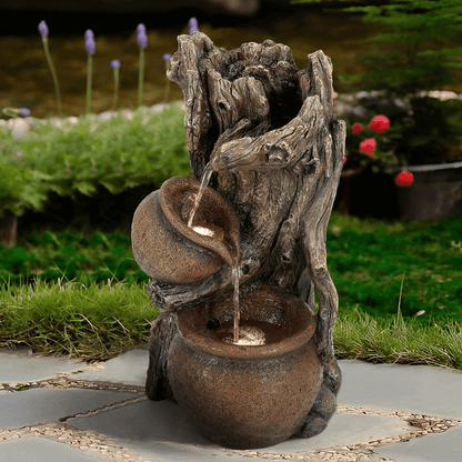 Rustic Brown Resin Tree Trunk & Pots Outdoor Water Fountain