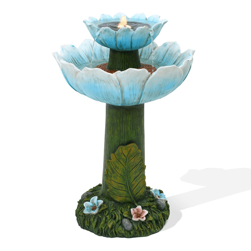 Solar Powered Blue Flower Birdbath Fountain