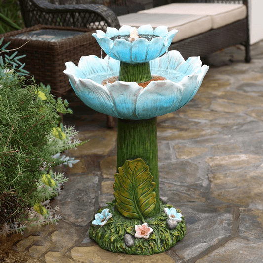 Solar Powered Blue Flower Birdbath Fountain