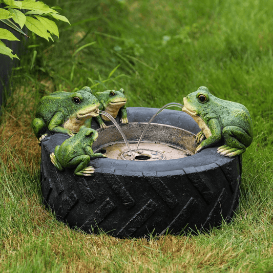 Black Resin Old Tire Frog Friends Outdoor Water Fountain